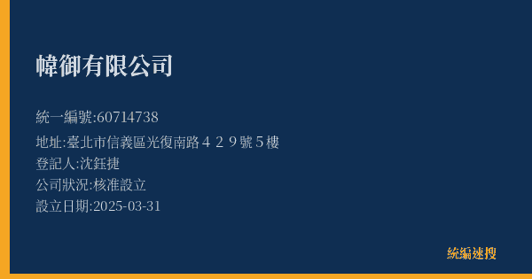 幃御有限公司的照片-統編 60714738(臺北市) 公司登記資料與營業項目詳細圖表