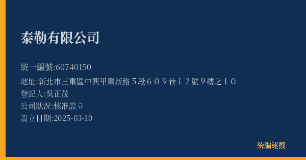 泰勒有限公司的照片-統編 60740150(新北市) 公司登記資料與營業項目詳細圖表