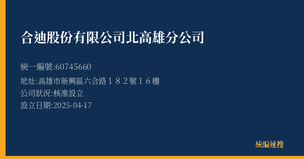 合迪股份有限公司北高雄分公司的照片-統編 60745660(高雄市) 公司登記資料與營業項目詳細圖表
