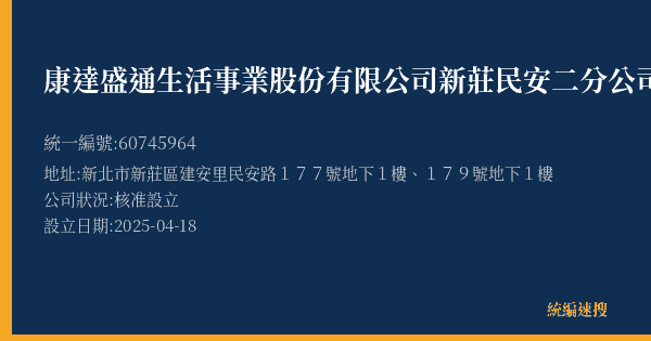 康達盛通生活事業股份有限公司新莊民安二分公司的照片-統編 60745964(新北市) 公司登記資料與營業項目詳細圖表