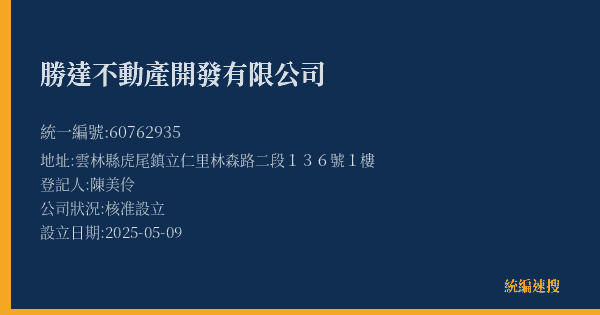 勝達不動產開發有限公司的照片-統編 60762935(雲林縣) 公司登記資料與營業項目詳細圖表