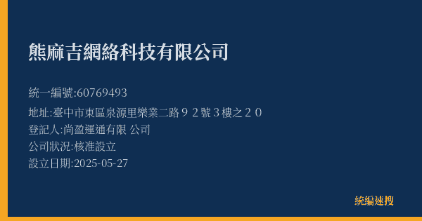 熊麻吉網絡科技有限公司的照片-統編 60769493(臺中市) 公司登記資料與營業項目詳細圖表