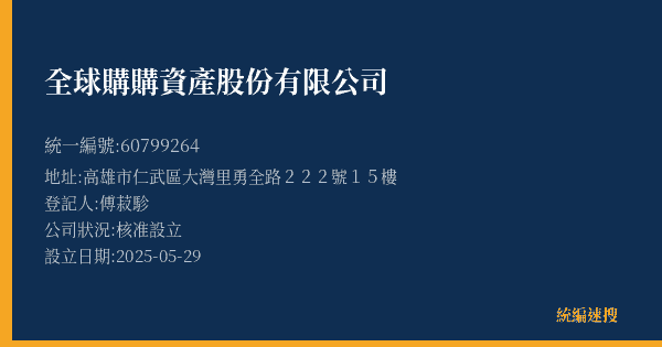 全球購購資產股份有限公司的照片-統編 60799264(高雄市) 公司登記資料與營業項目詳細圖表