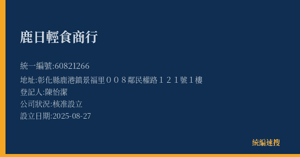鹿日輕食商行的照片-統編 60821266(彰化縣) 公司登記資料與營業項目詳細圖表