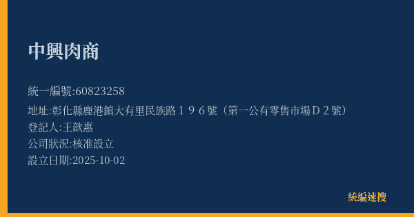中興肉商的照片-統編 60823258(彰化縣) 公司登記資料與營業項目詳細圖表