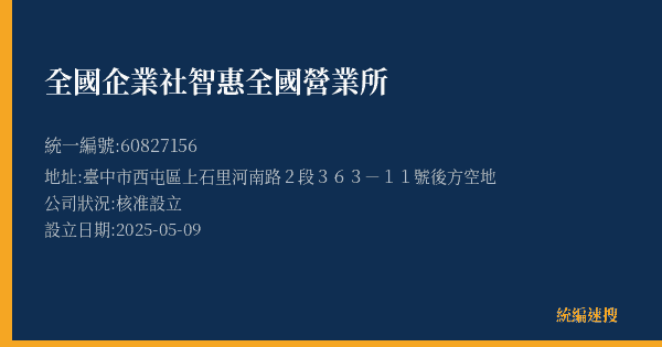 全國企業社智惠全國營業所的照片-統編 60827156(臺中市) 公司登記資料與營業項目詳細圖表