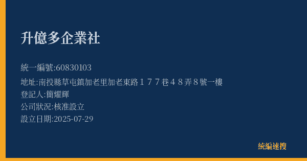 升億多企業社的照片-統編 60830103(南投縣) 公司登記資料與營業項目詳細圖表