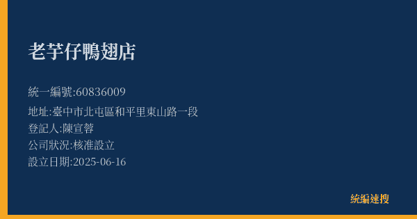 老芋仔鴨翅店的照片-統編 60836009(臺中市) 公司登記資料與營業項目詳細圖表