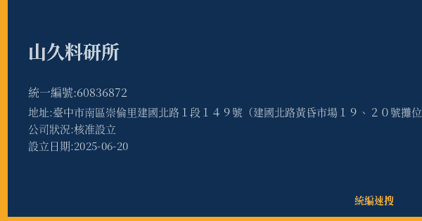 山久料研所的照片-統編 60836872(臺中市) 公司登記資料與營業項目詳細圖表