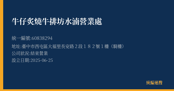 牛仔炙燒牛排坊水湳營業處的照片-統編 60838294(臺中市) 公司登記資料與營業項目詳細圖表