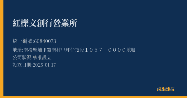 紅櫟文創行營業所的照片-統編 60840073(南投縣) 公司登記資料與營業項目詳細圖表