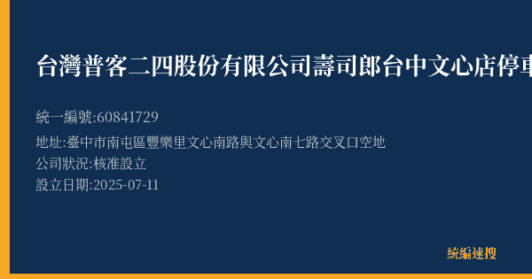 台灣普客二四股份有限公司壽司郎台中文心店停車場的照片-統編 60841729(臺中市) 公司登記資料與營業項目詳細圖表
