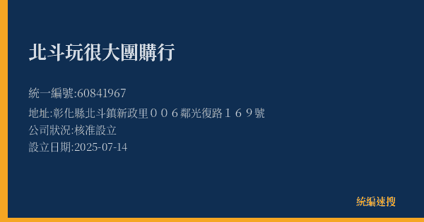北斗玩很大團購行的照片-統編 60841967(彰化縣) 公司登記資料與營業項目詳細圖表