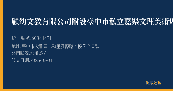 顧幼文教有限公司附設臺中市私立嘉樂文理美術短期補習班的照片-統編 60844471(臺中市) 公司登記資料與營業項目詳細圖表