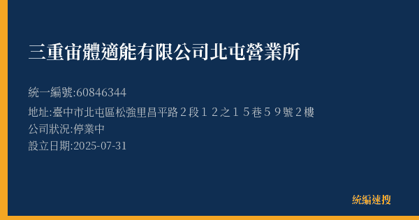 三重宙體適能有限公司北屯營業所的照片-統編 60846344(臺中市) 公司登記資料與營業項目詳細圖表