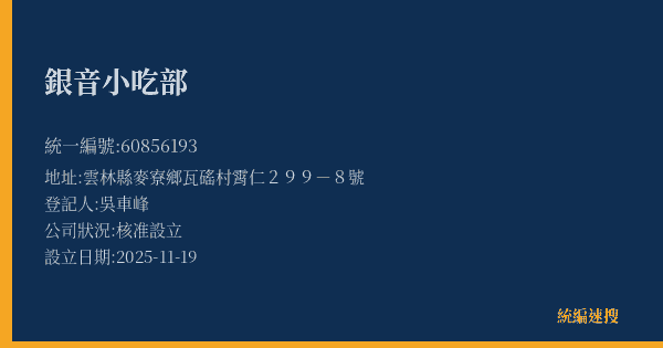銀音小吃部的照片-統編 60856193(雲林縣) 公司登記資料與營業項目詳細圖表