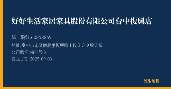 好好生活家居家具股份有限公司台中復興店的照片-統編 60858869(臺中市) 公司登記資料與營業項目詳細圖表