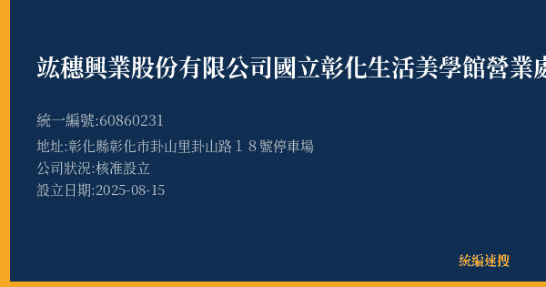 竑穗興業股份有限公司國立彰化生活美學館營業處的照片-統編 60860231(彰化縣) 公司登記資料與營業項目詳細圖表
