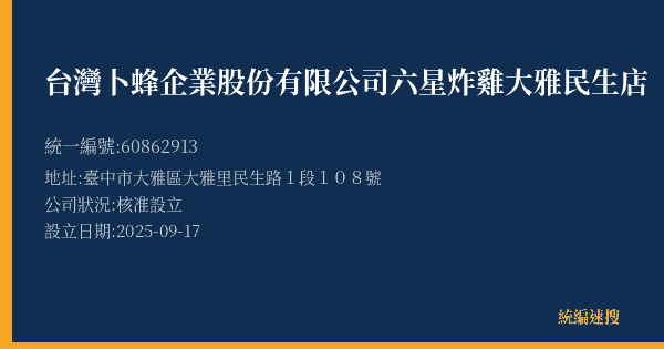 台灣卜蜂企業股份有限公司六星炸雞大雅民生店的照片-統編 60862913(臺中市) 公司登記資料與營業項目詳細圖表