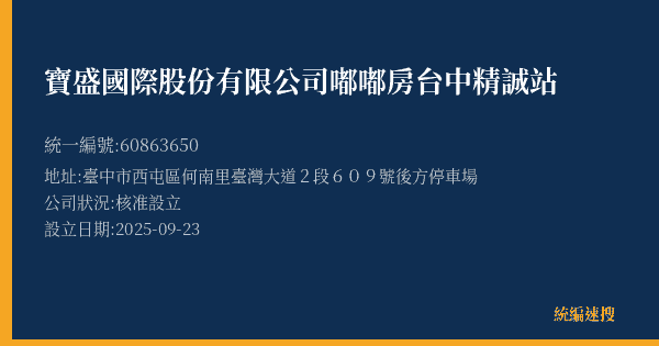 寶盛國際股份有限公司嘟嘟房台中精誠站的照片-統編 60863650(臺中市) 公司登記資料與營業項目詳細圖表