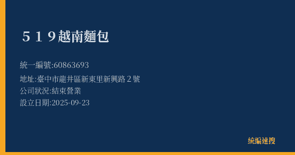 519越南麵包的照片-統編 60863693(臺中市) 公司登記資料與營業項目詳細圖表