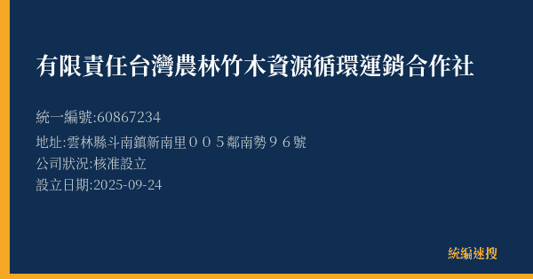 有限責任台灣農林竹木資源循環運銷合作社的照片-統編 60867234(雲林縣) 公司登記資料與營業項目詳細圖表