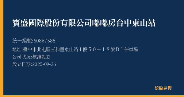 寶盛國際股份有限公司嘟嘟房台中東山站的照片-統編 60867585(臺中市) 公司登記資料與營業項目詳細圖表