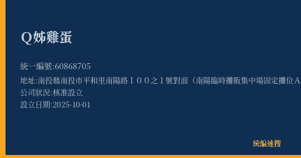 Q姊雞蛋的照片-統編 60868705(南投縣) 公司登記資料與營業項目詳細圖表