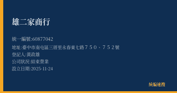 雄二家商行的照片-統編 60877042(臺中市) 公司登記資料與營業項目詳細圖表