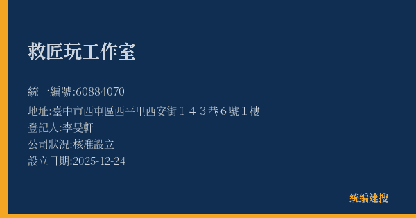 救匠玩工作室的照片-統編 60884070(臺中市) 公司登記資料與營業項目詳細圖表
