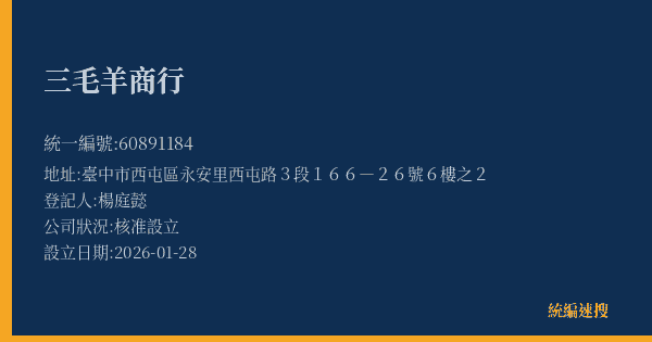 三毛羊商行的照片-統編 60891184(臺中市) 公司登記資料與營業項目詳細圖表