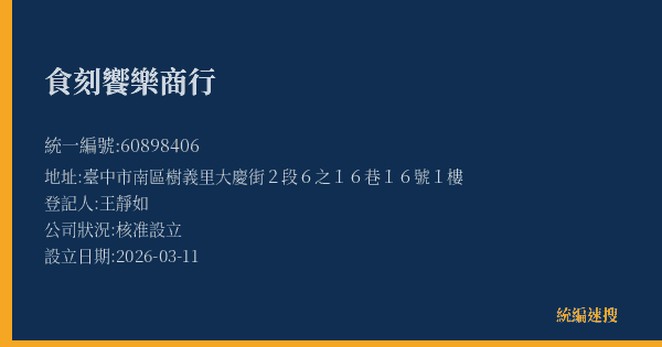 食刻饗樂商行的照片-統編 60898406(臺中市) 公司登記資料與營業項目詳細圖表