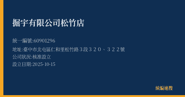 掘宇有限公司松竹店的照片-統編 60901296(臺中市) 公司登記資料與營業項目詳細圖表