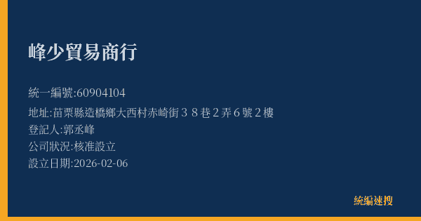 峰少貿易商行的照片-統編 60904104(苗栗縣) 公司登記資料與營業項目詳細圖表
