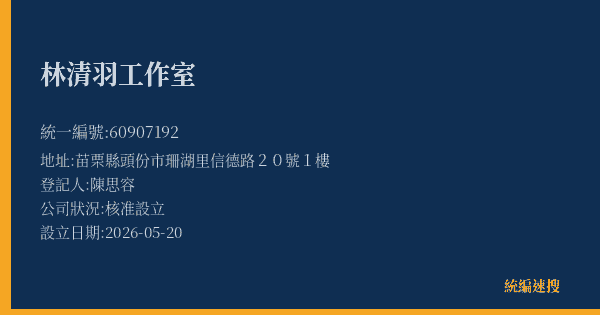 林清羽工作室的照片-統編 60907192(苗栗縣) 公司登記資料與營業項目詳細圖表