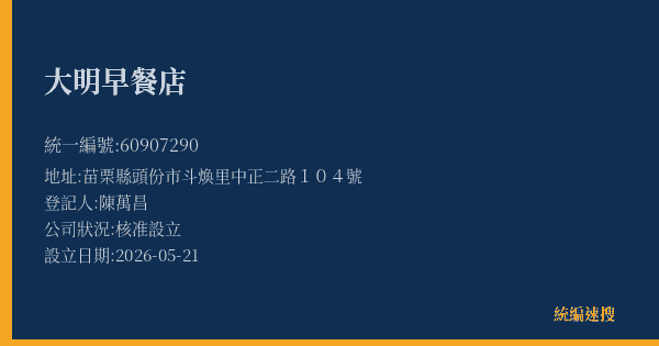 大明早餐店的照片-統編 60907290(苗栗縣) 公司登記資料與營業項目詳細圖表
