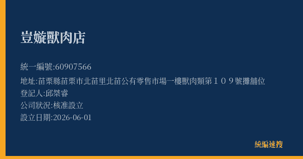 豈嫙獸肉店的照片-統編 60907566(苗栗縣) 公司登記資料與營業項目詳細圖表