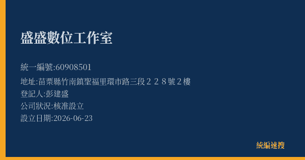 盛盛數位工作室的照片-統編 60908501(苗栗縣) 公司登記資料與營業項目詳細圖表