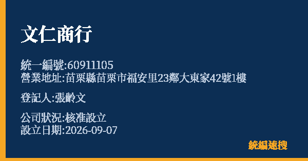 文仁商行的照片-統編 60911105(苗栗縣) 公司登記資料與營業項目詳細圖表