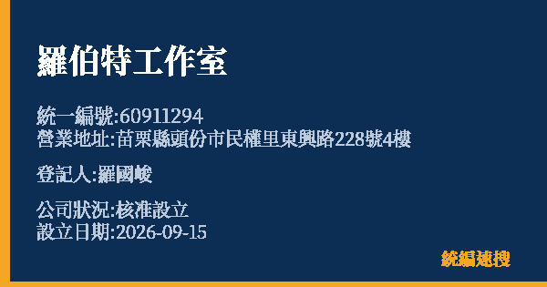 羅伯特工作室的照片-統編 60911294(苗栗縣) 公司登記資料與營業項目詳細圖表