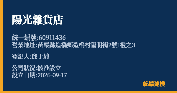 陽光雜貨店的照片-統編 60911436(苗栗縣) 公司登記資料與營業項目詳細圖表