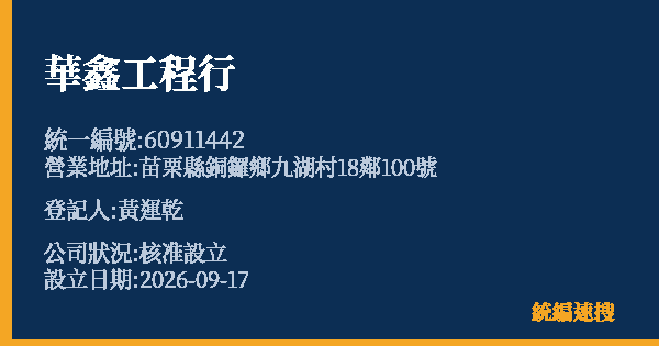 華鑫工程行的照片-統編 60911442(苗栗縣) 公司登記資料與營業項目詳細圖表