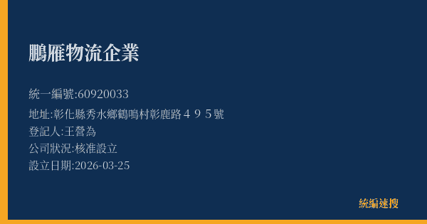 鵬雁物流企業的照片-統編 60920033(彰化縣) 公司登記資料與營業項目詳細圖表