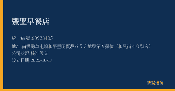豐聖早餐店的照片-統編 60923405(南投縣) 公司登記資料與營業項目詳細圖表