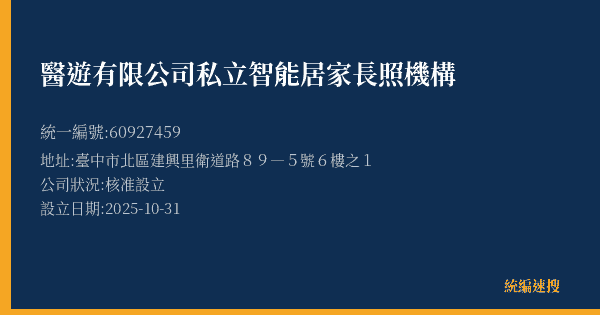 醫遊有限公司私立智能居家長照機構的照片-統編 60927459(臺中市) 公司登記資料與營業項目詳細圖表