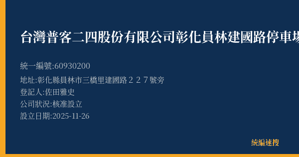台灣普客二四股份有限公司彰化員林建國路停車場的照片-統編 60930200(彰化縣) 公司登記資料與營業項目詳細圖表