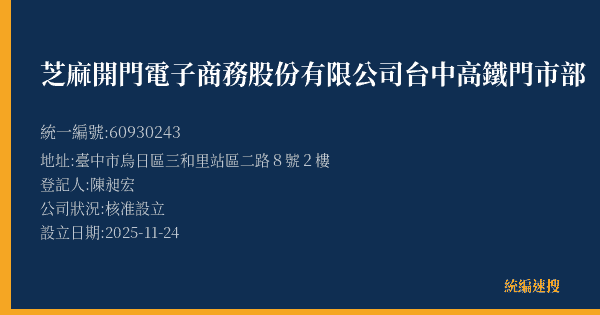 芝麻開門電子商務股份有限公司台中高鐵門市部的照片-統編 60930243(臺中市) 公司登記資料與營業項目詳細圖表