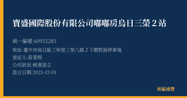 寶盛國際股份有限公司嘟嘟房烏日三榮2站的照片-統編 60932283(臺中市) 公司登記資料與營業項目詳細圖表