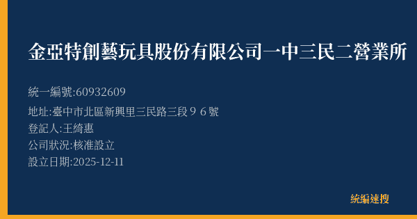 金亞特創藝玩具股份有限公司一中三民二營業所的照片-統編 60932609(臺中市) 公司登記資料與營業項目詳細圖表