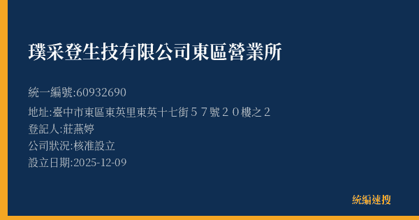 璞采登生技有限公司東區營業所的照片-統編 60932690(臺中市) 公司登記資料與營業項目詳細圖表